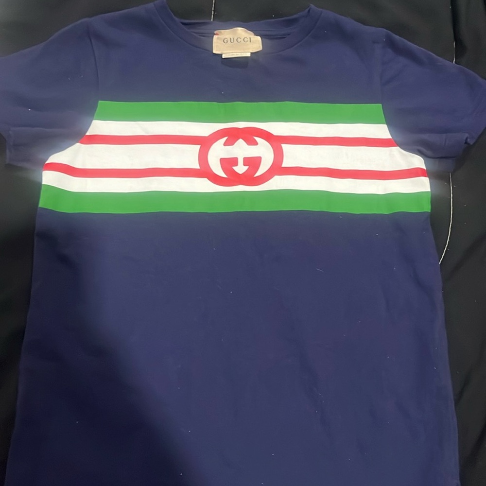 Gucci Kids Navy Blue Tee with Red, White, and Green Stripes
